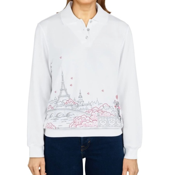NWOT Alfred Dunner Size Large Women’s White Paris Graphic Collar‎ Sweatshirt - Picture 1 of 12